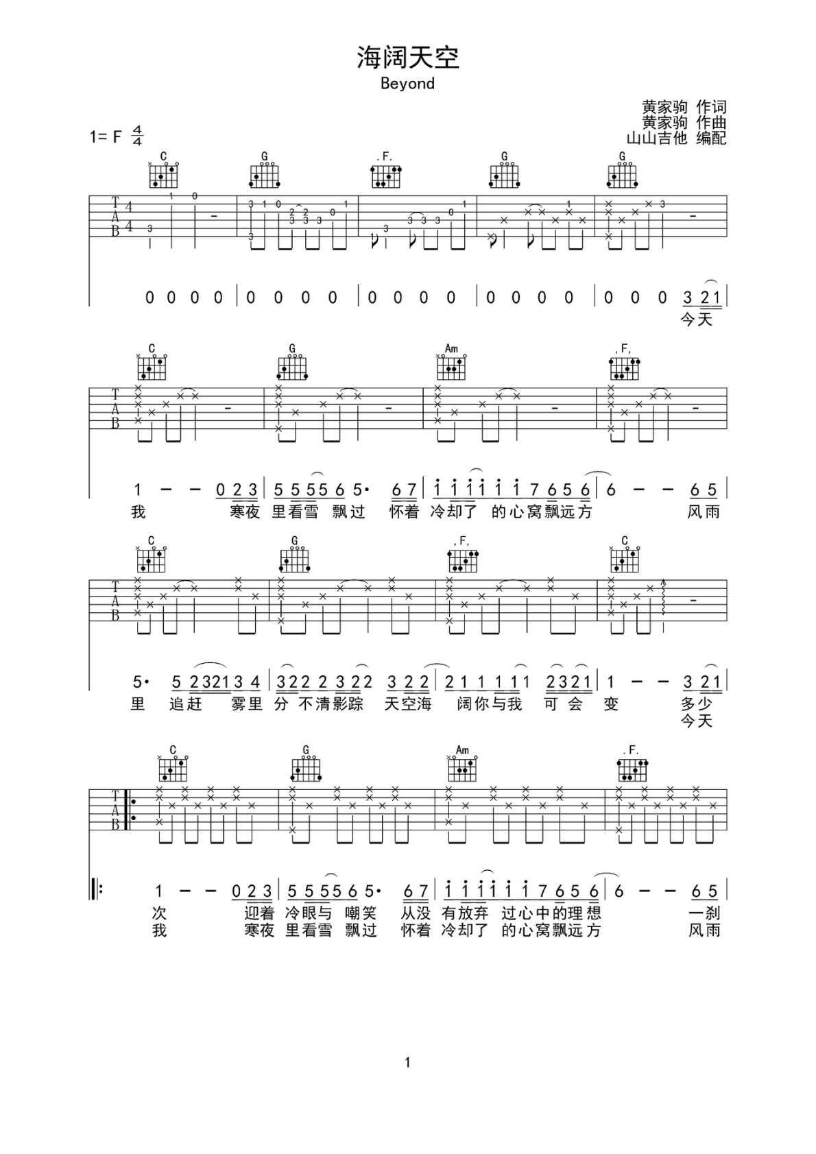 BEYOND海阔天空F调弹唱谱吉他谱 第1页