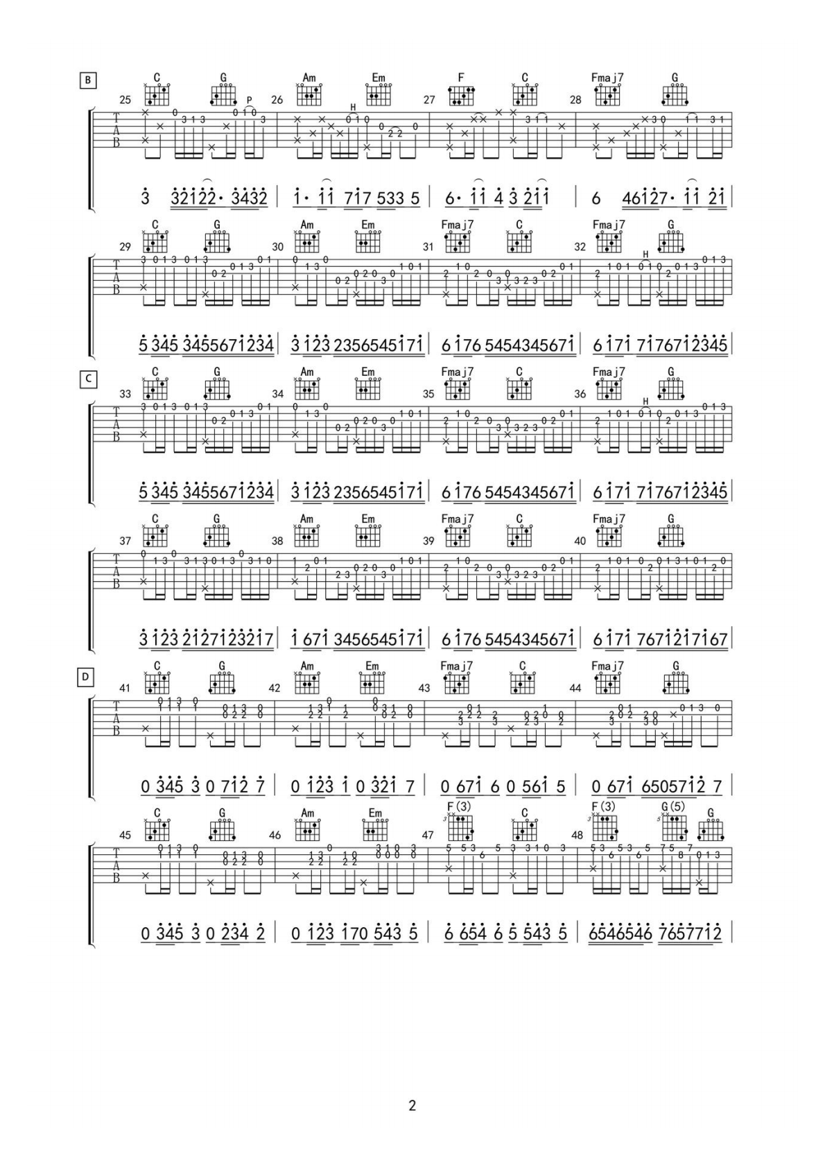 久石让卡农C调指弹谱吉他谱 第2页