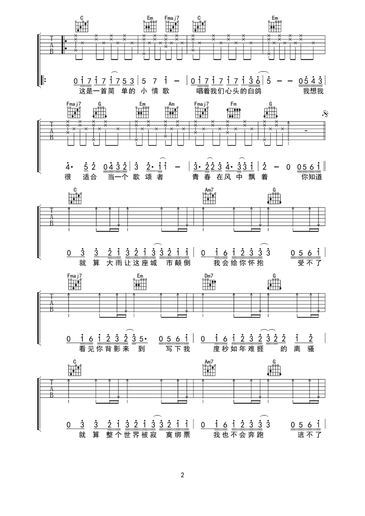 苏打绿小情歌C调弹唱谱吉他谱 第2页