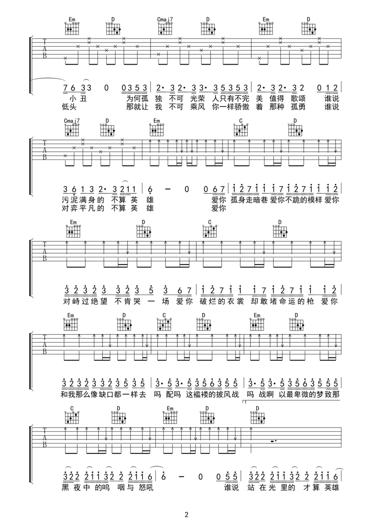 陈奕迅孤勇者G调弹唱谱吉他谱 第2页
