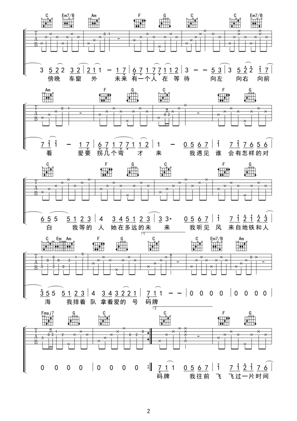孙燕姿遇见C调弹唱谱吉他谱 第2页