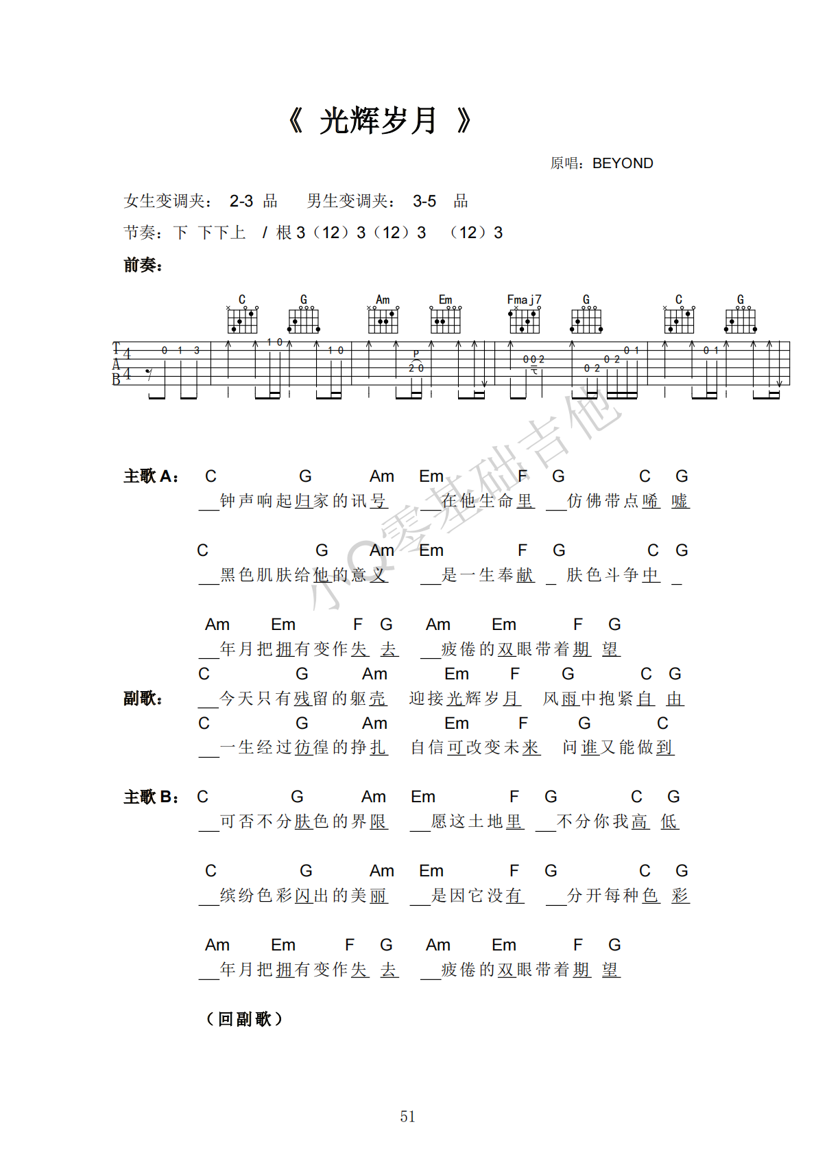 BEYOND光辉岁月C调弹唱谱吉他谱 第1页