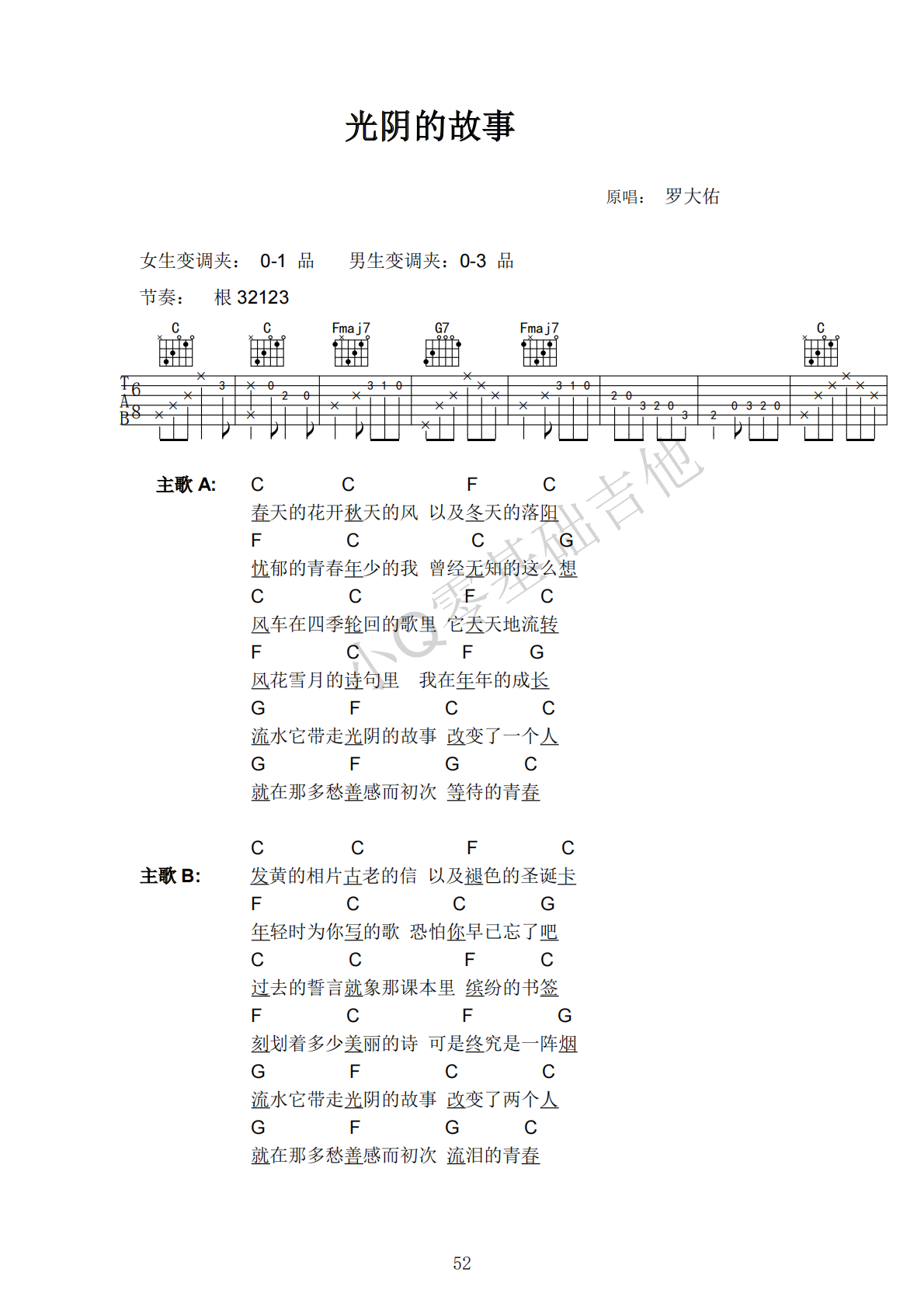 罗大佑光阴的故事C调弹唱谱吉他谱 第1页