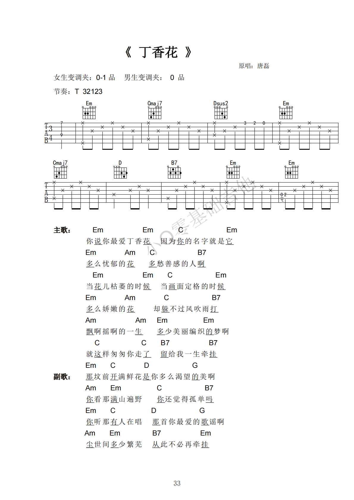 唐磊丁香花C调弹唱谱吉他谱 第1页