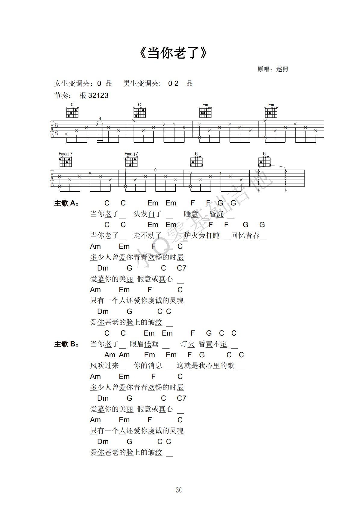 赵照当你老了C调弹唱谱吉他谱 第1页