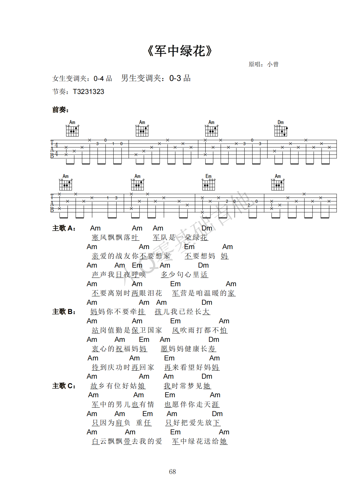 小曾军中绿花C调弹唱谱吉他谱 第1页