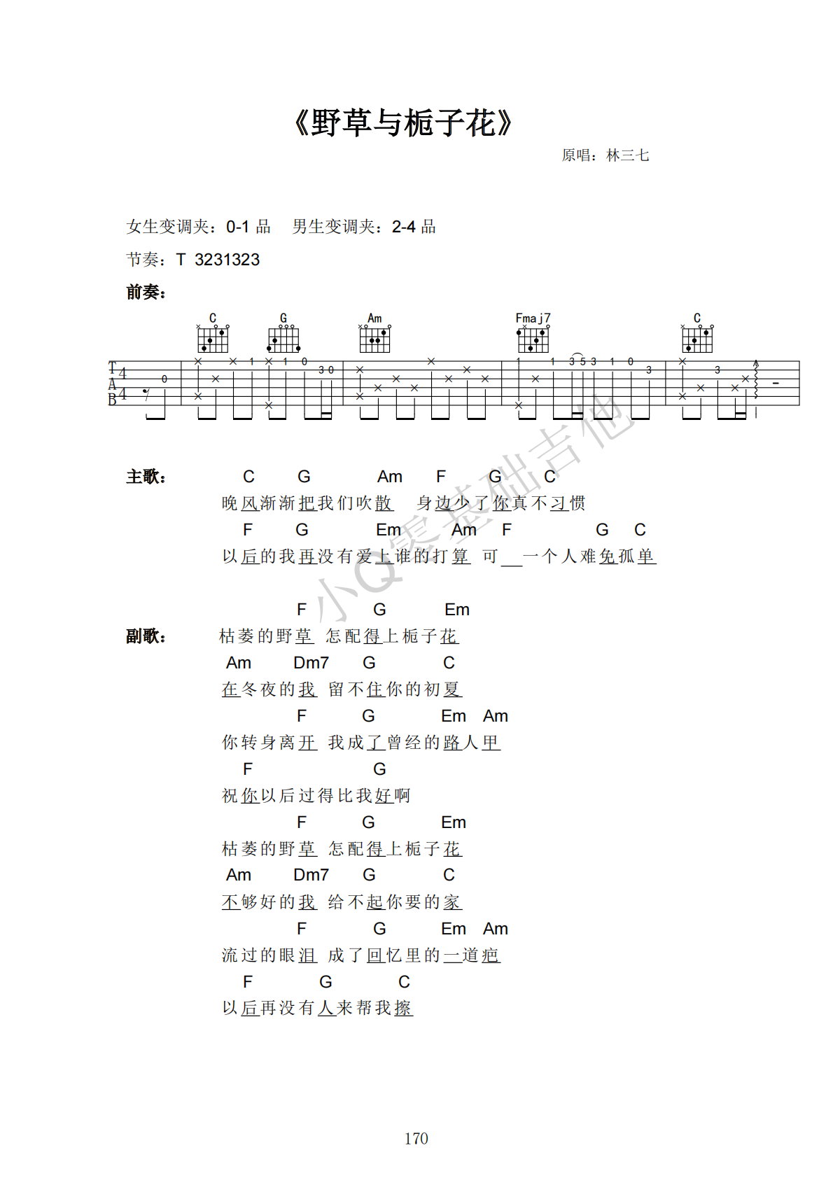 林三七野草与栀子花C调弹唱谱吉他谱 第1页